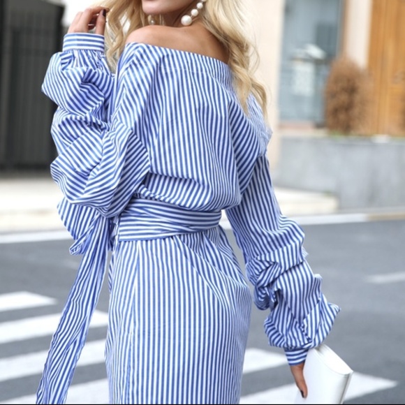 Blue & White stripe wrap dress - Picture 2 of 2